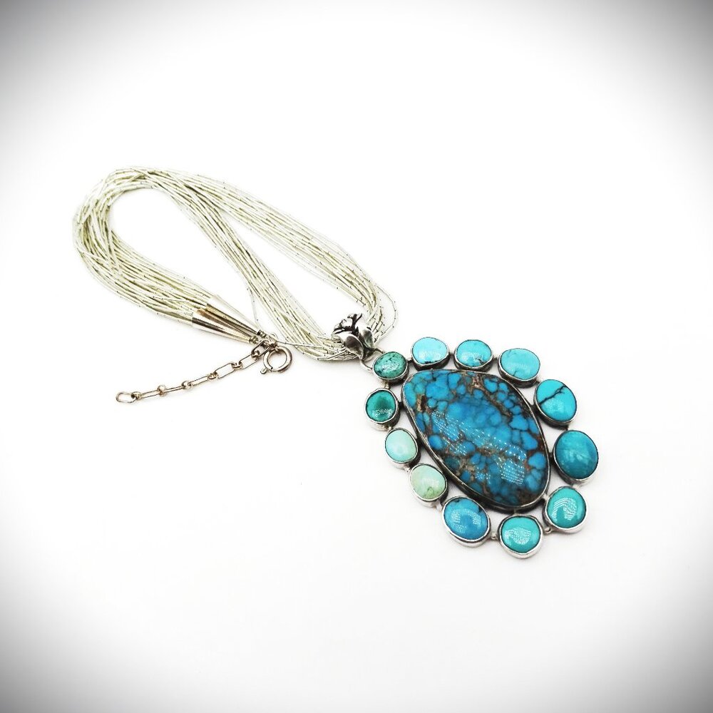 SOUTHWEST Sterling Silver Turquoise Pendant & Liquid Silver Chain Necklace - Picture 4 of 10